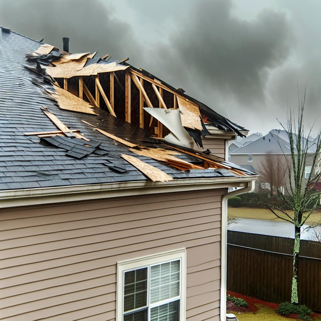 a roof of a house damaged by a storm that needs an emergency repair